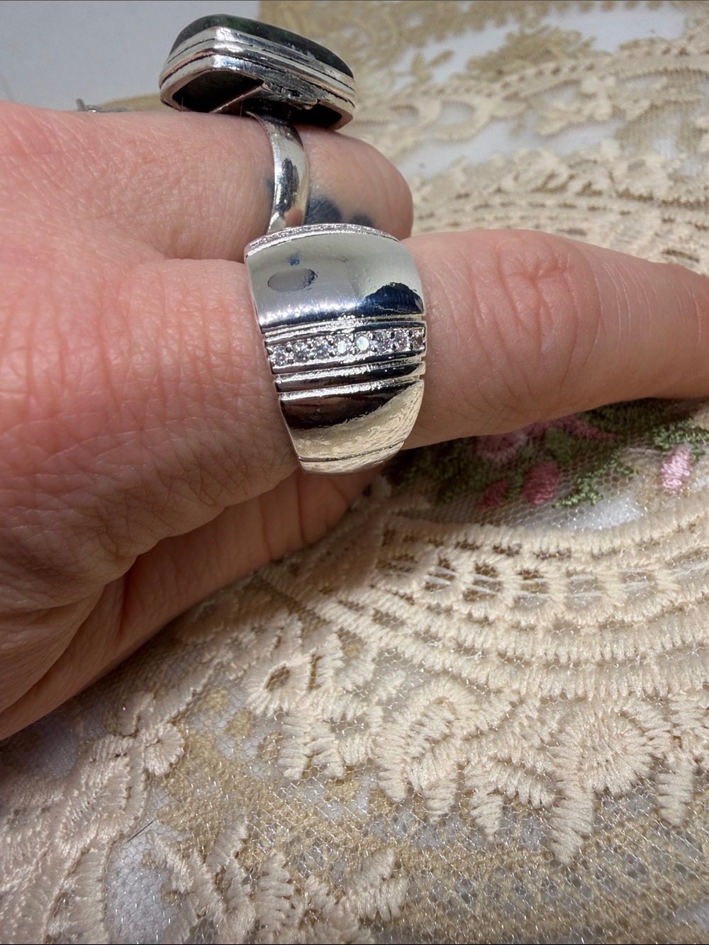 925 Sterling Silver Wide Band Ring | CZ Accents Unisex Statement Ring | Size 8
